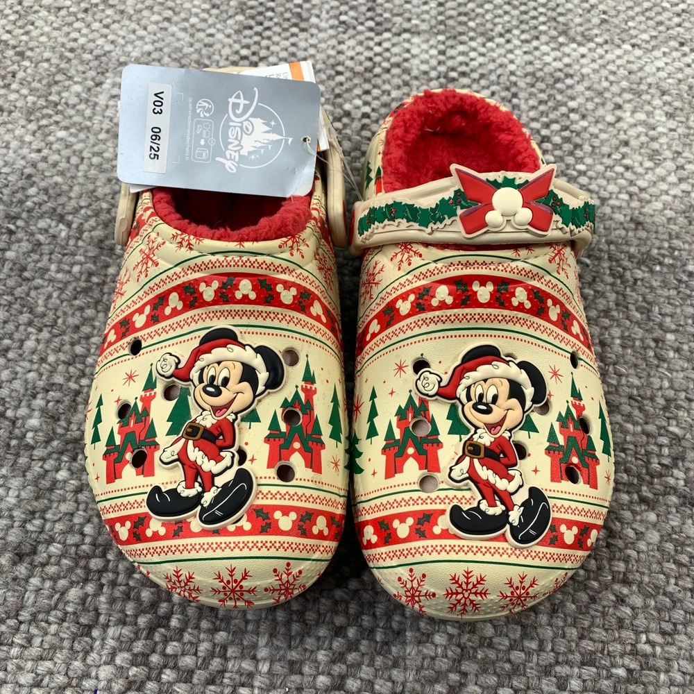 Crocs Mickey Christmas Clog Womens 6 Cream Red Lined Holiday 211520-90H